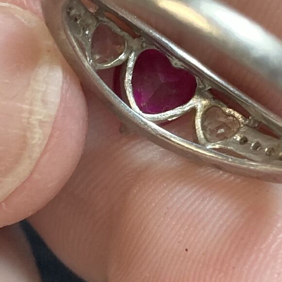 Lab Created Ruby And White Sapphire 3 Heart Sterling silver Ring Sz 7 - Picture 5 of 6